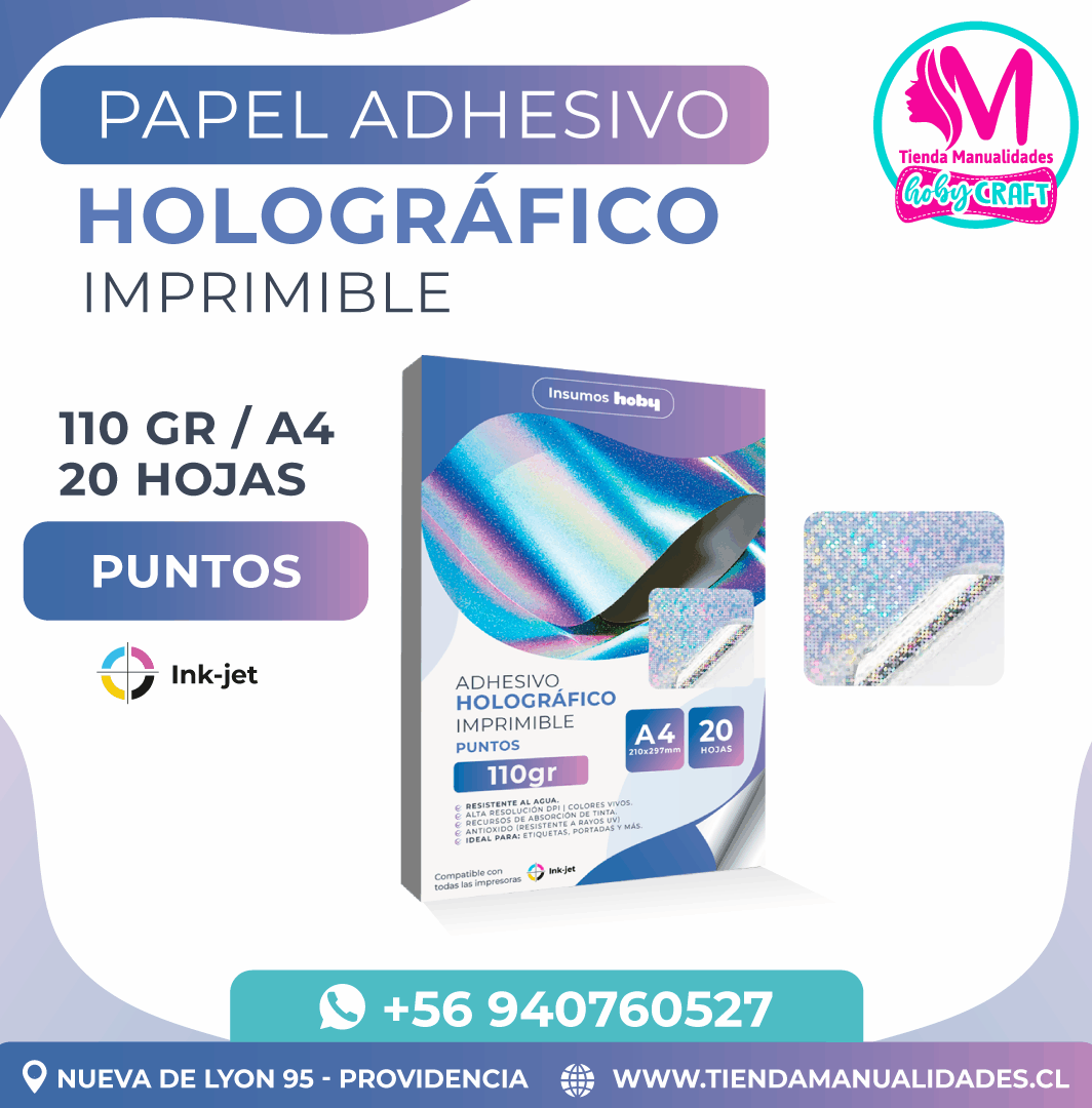 PH35 Papel Adhesivo Holográfico Imprimible Puntos Hoby – A4 110gr (20 hojas)- Entrega inmediata