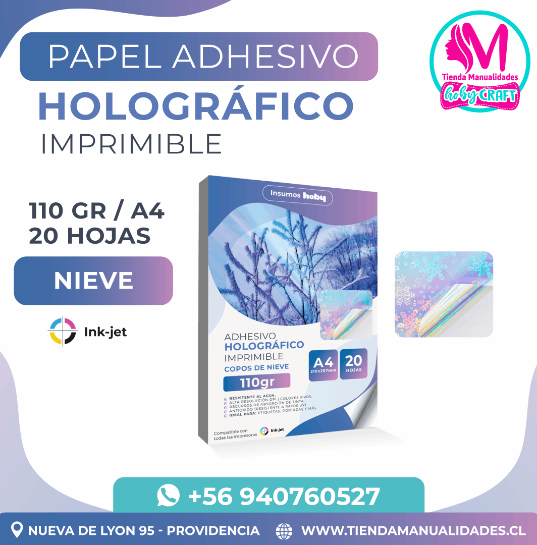 PH30 Papel Adhesivo Holográfico Imprimible Nieve Hoby – A4 110gr (20 hojas)- Entrega inmediata