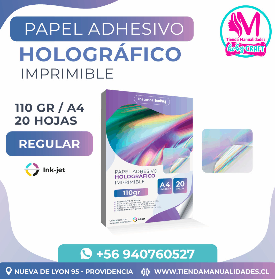 PH10 Papel Adhesivo Holográfico Imprimible Regular Hoby – A4 110gr (20 hojas)- Entrega inmediata
